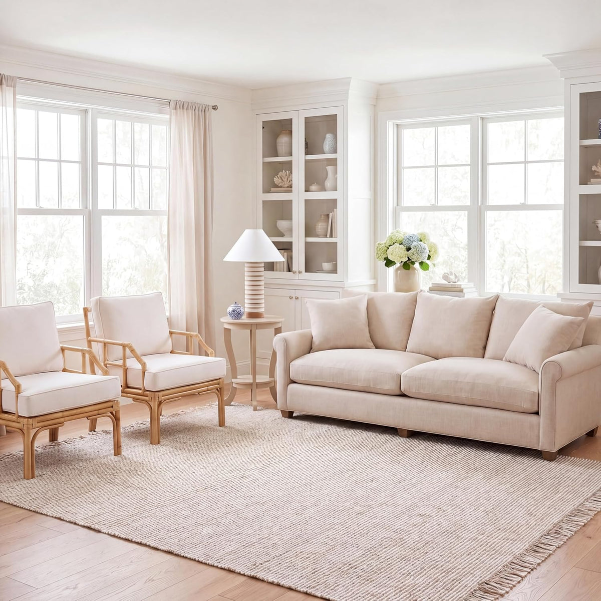 Natural Fiber Area Rug, Ivory & Natural, Handmade Woven Farmhouse Fringe Jute