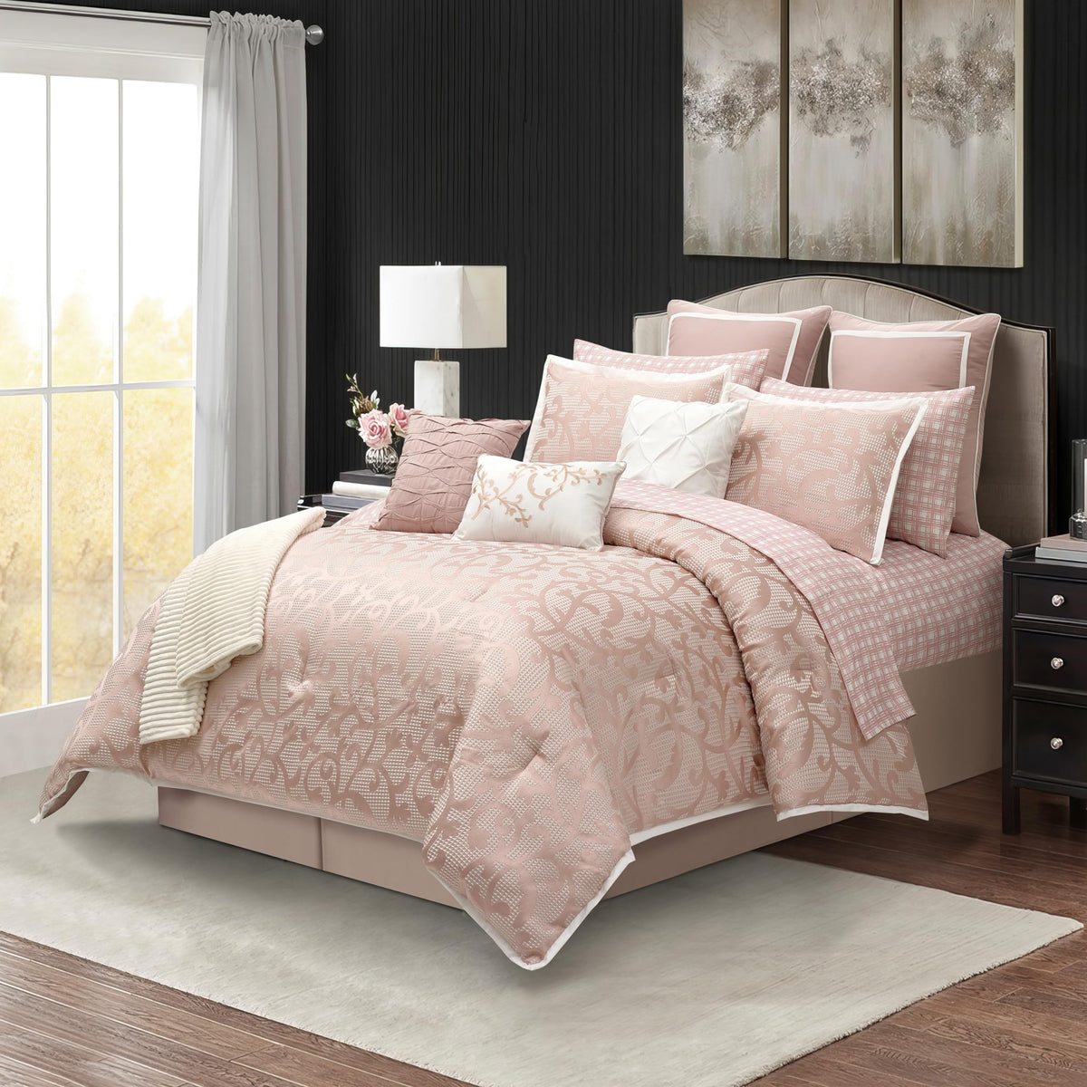 Blush Paisley Comforter Set Queen Size, 14 Piece, Jacquard Bedding Sets & Collections, 1 Flat Sheet, 1 Fitted Sheet