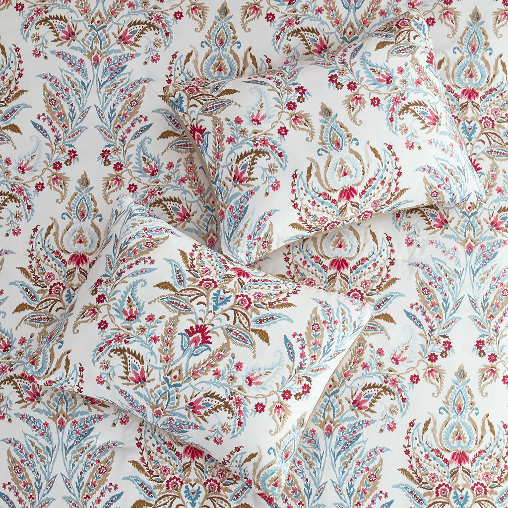 5-Piece Printed Comforter Set Marcel - Blue, Red & Olive Paisley Floral Bedding with Decorative Pillows & Shams, Soft