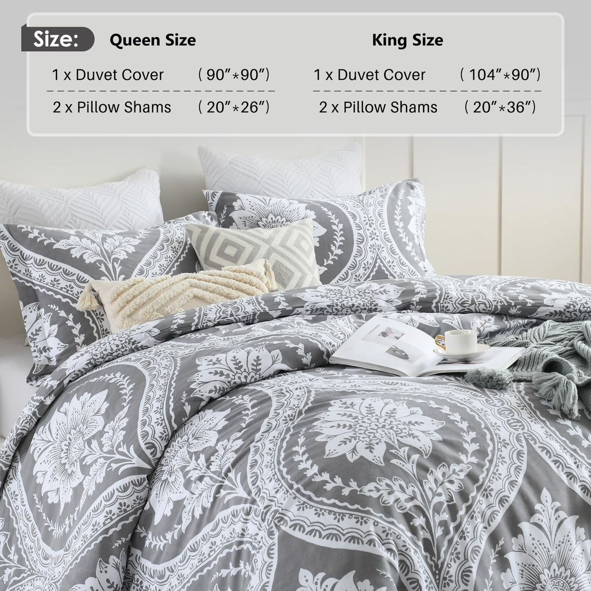 Damask Duvet Cover Set, Gray White, 100% Cotton, 90"x90"