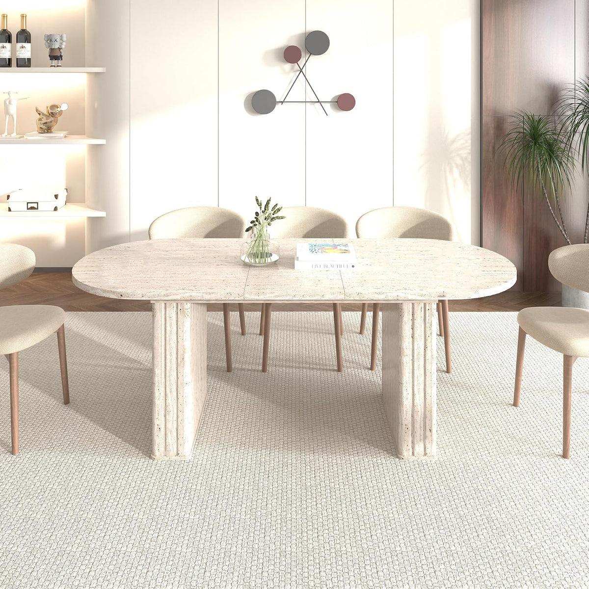 78.74" Extendable Dining Table for 4-8 People,Oval Travertine Inspired Kitchen Table with Wooden Strip Base for