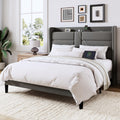Queen Size Platform Bed Frame with Charging Station & Storage Headboard, Upholstered Velvet Wingback Design & USB