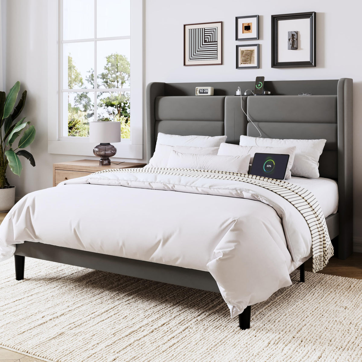 Queen Size Platform Bed Frame with Charging Station & Storage Headboard, Upholstered Velvet Wingback Design & USB