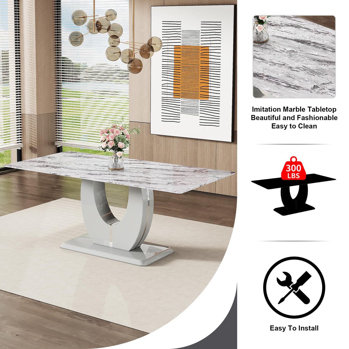 Inspired Saarinen Style 71-Inch Gray Faux Marble Dining Table with Pedestal Base