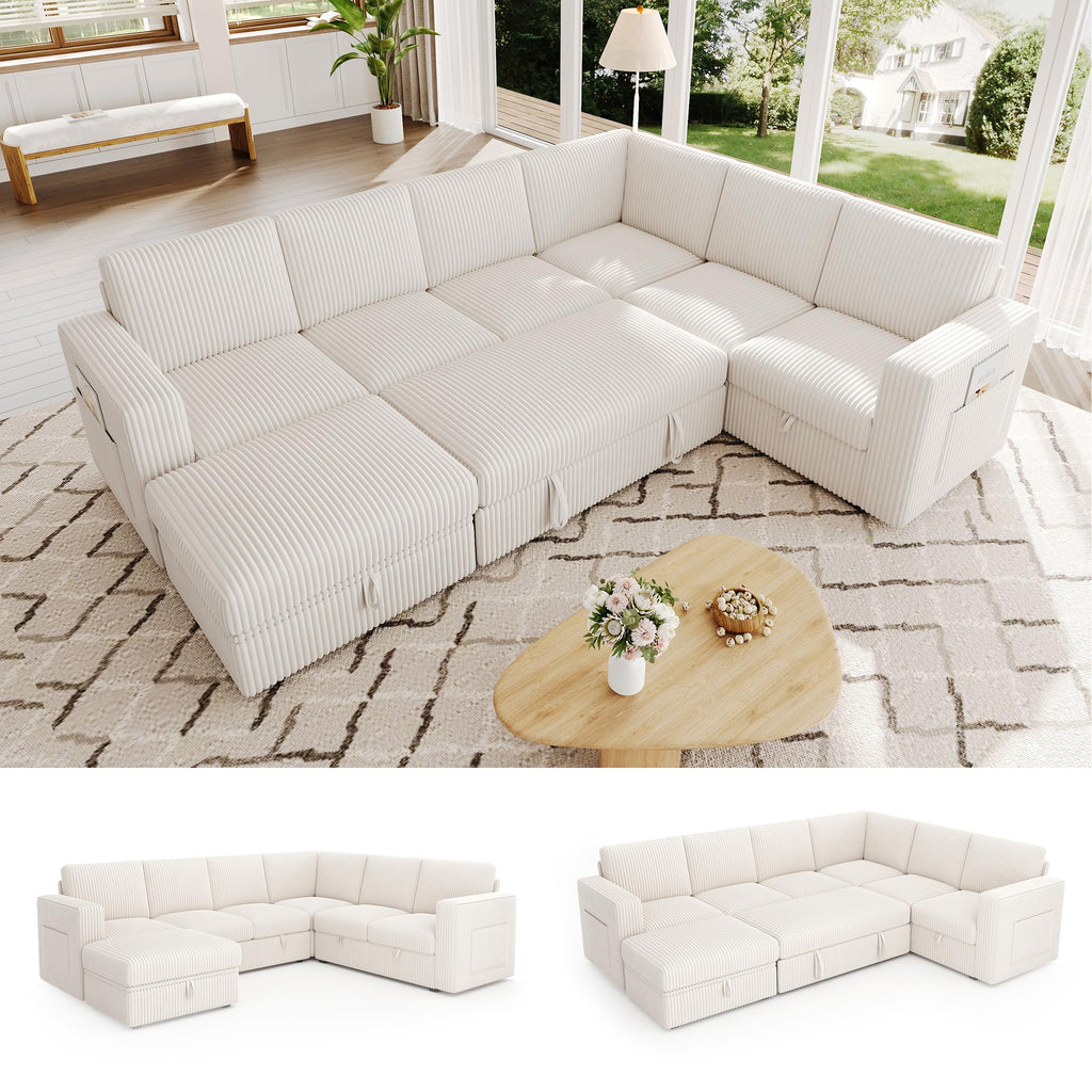 Sectional Sleeper Sofa, Pull Out Couch with Storage, Lvory, 7 Seat