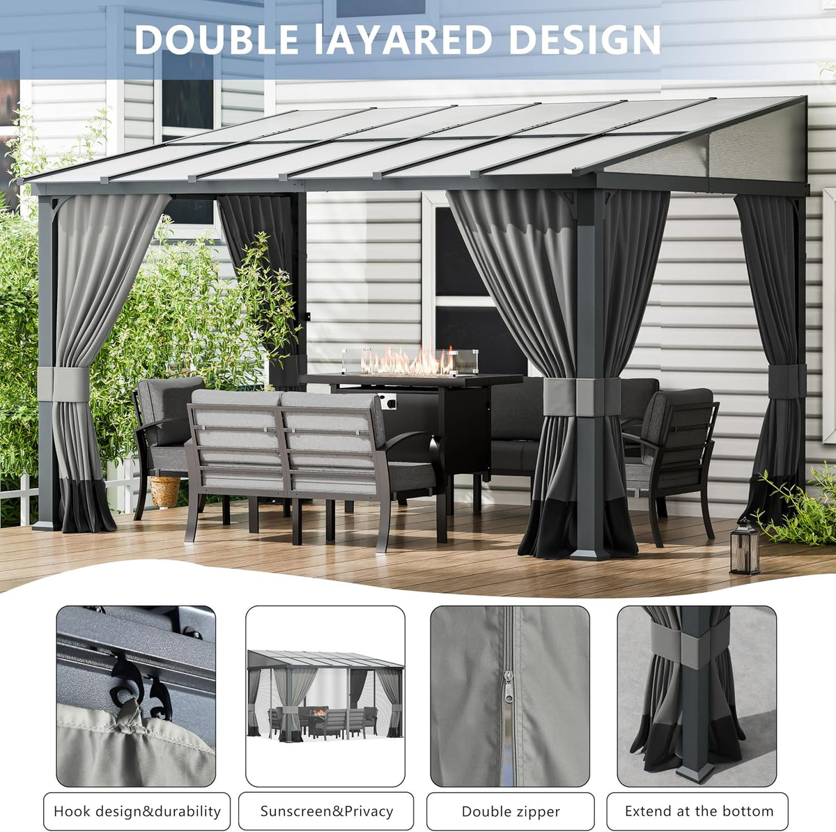 10x12FT Gazebo, Hardtop Wall Mounted Gazebo with Sloping Sun Panel Roof, Awnings with Metal Frame, Double Curtains Sand