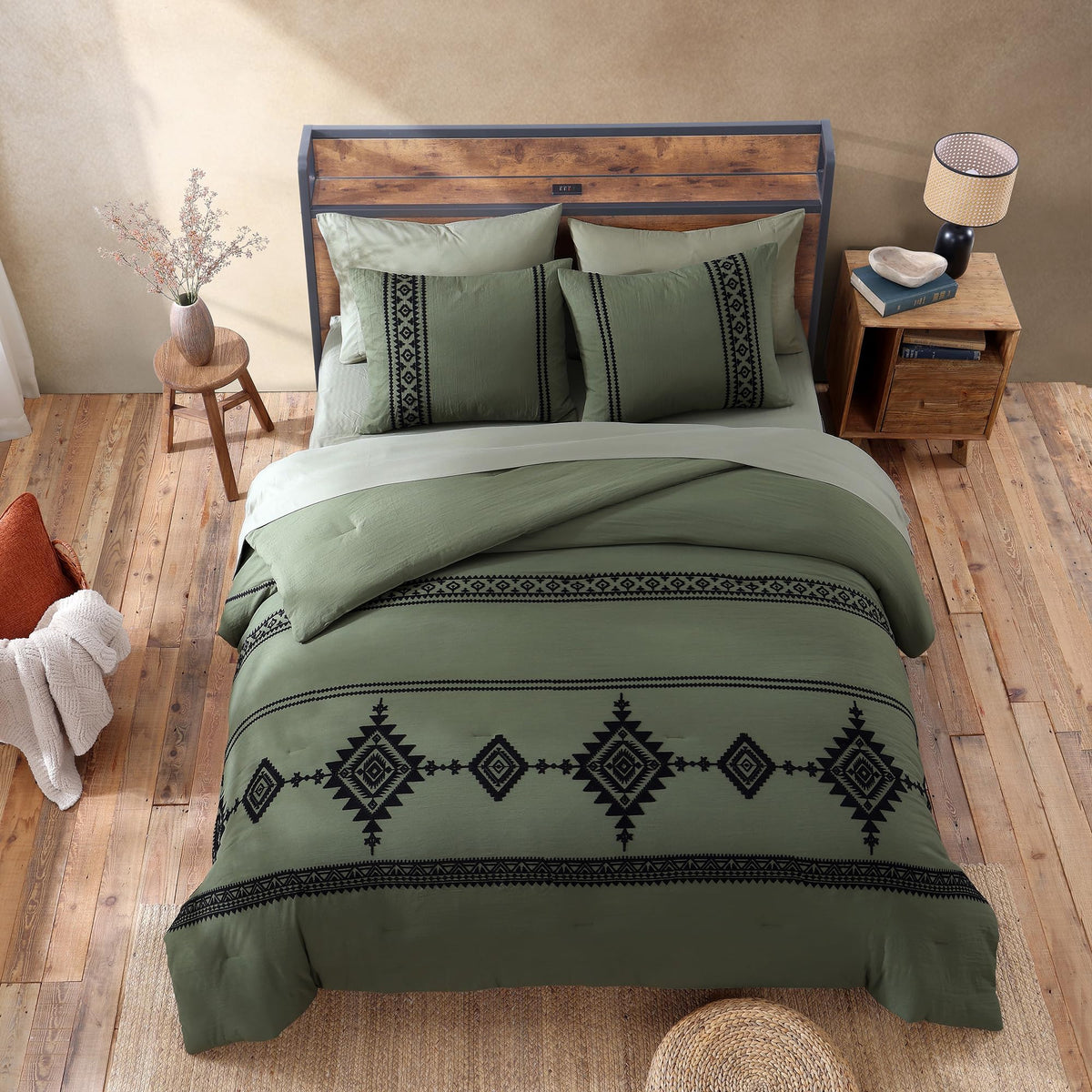 Embroidery Queen Comforter Set 7 Pieces Olive Green Bed in a Bag