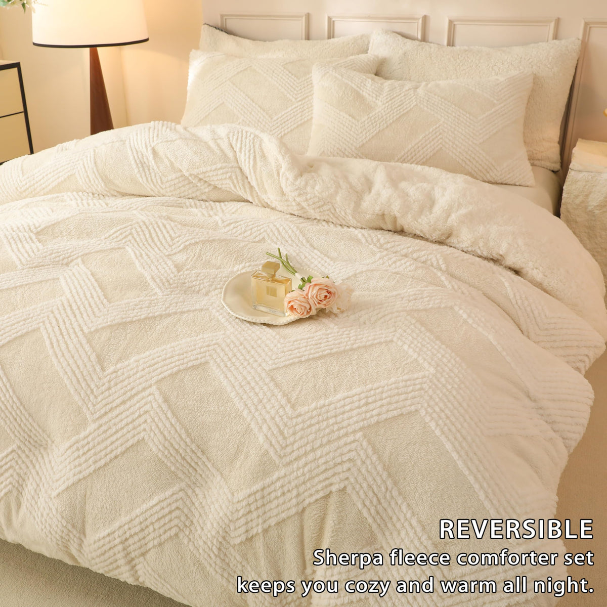 Tufted Boho Comforter Set - White Fluffy Sherpa Bedding Set, Soft Fuzzy Jacquard Quilt Set, 3 Pieces Cozy Bed