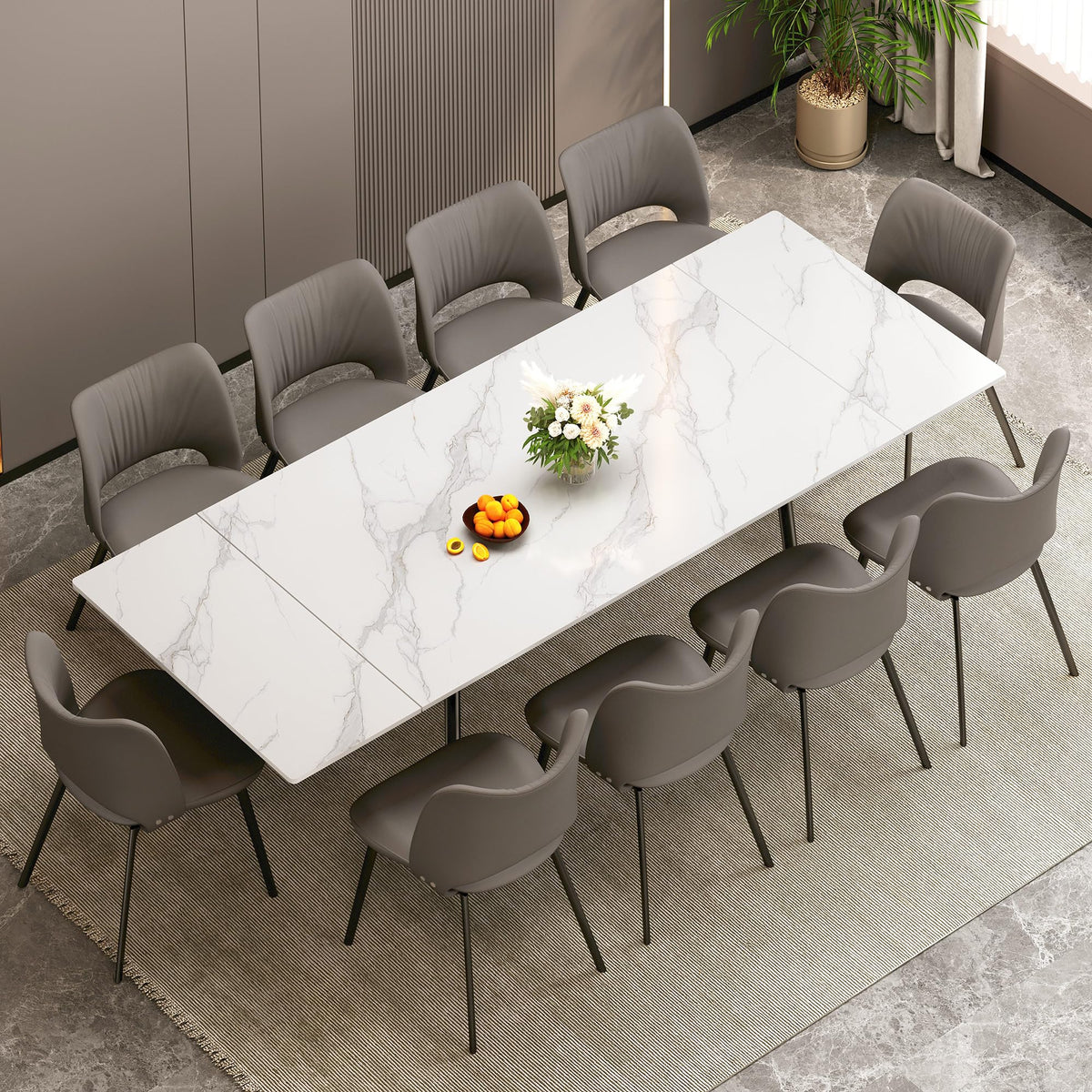 62.9"-94.4" Extendable Dining Table, White Sintered Stone Top