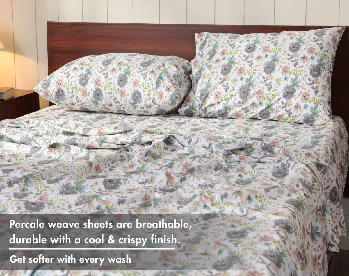 100% Cotton Split King Sheets, Percale Sheet Set, Dandelion Field