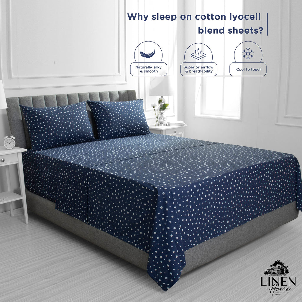 Cotton Lyocell Blend Percale Sheet Set Twin Size, Polka Navy