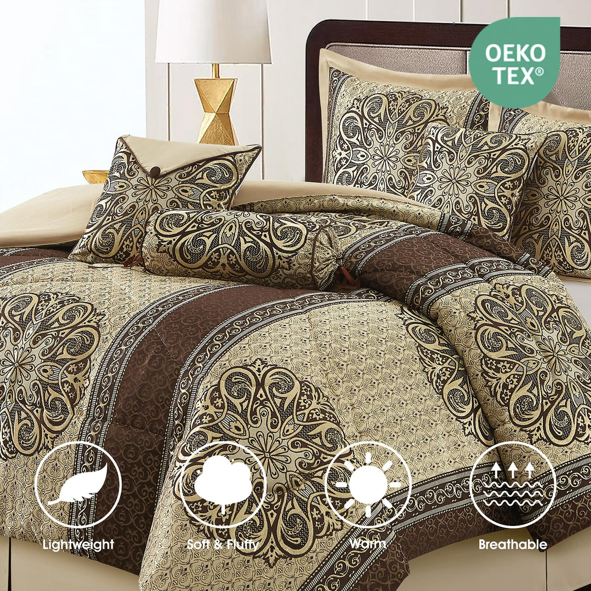 Queen Comforter Set, Brown Medallion Jacquard Design, Luxurious Bohemian 7 Pieces Bedding Set with Decorative Pillows