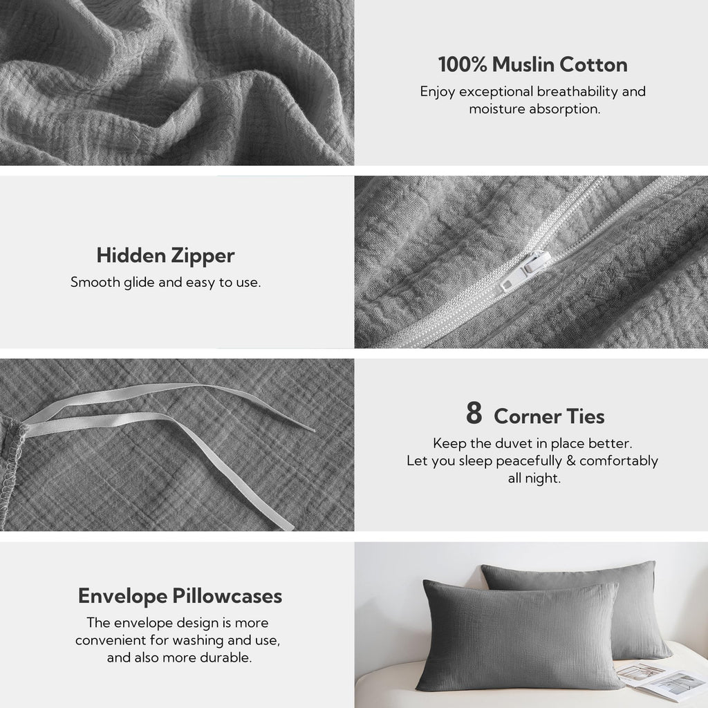 Muslin Duvet Cover - 100% Washed Cotton Linen Like Gauze Comforter Cover 3 Pieces Breathable & Lightweight for