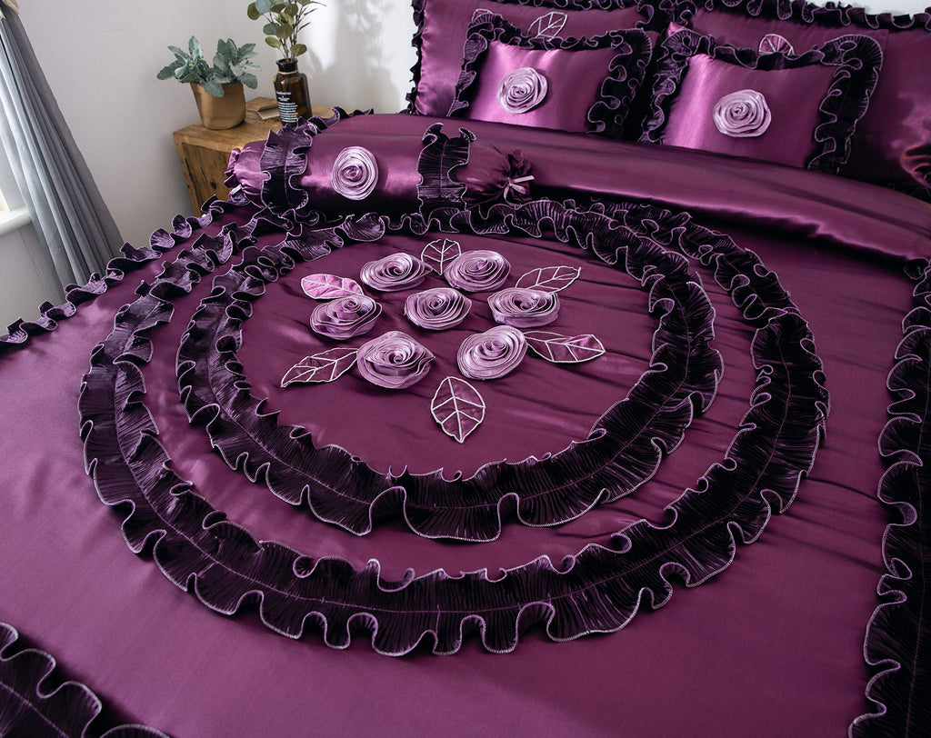 Satin Purple Floral Ruffle Victorian Glam Midnight Bloom 6 Piece Comforter Set, California King
