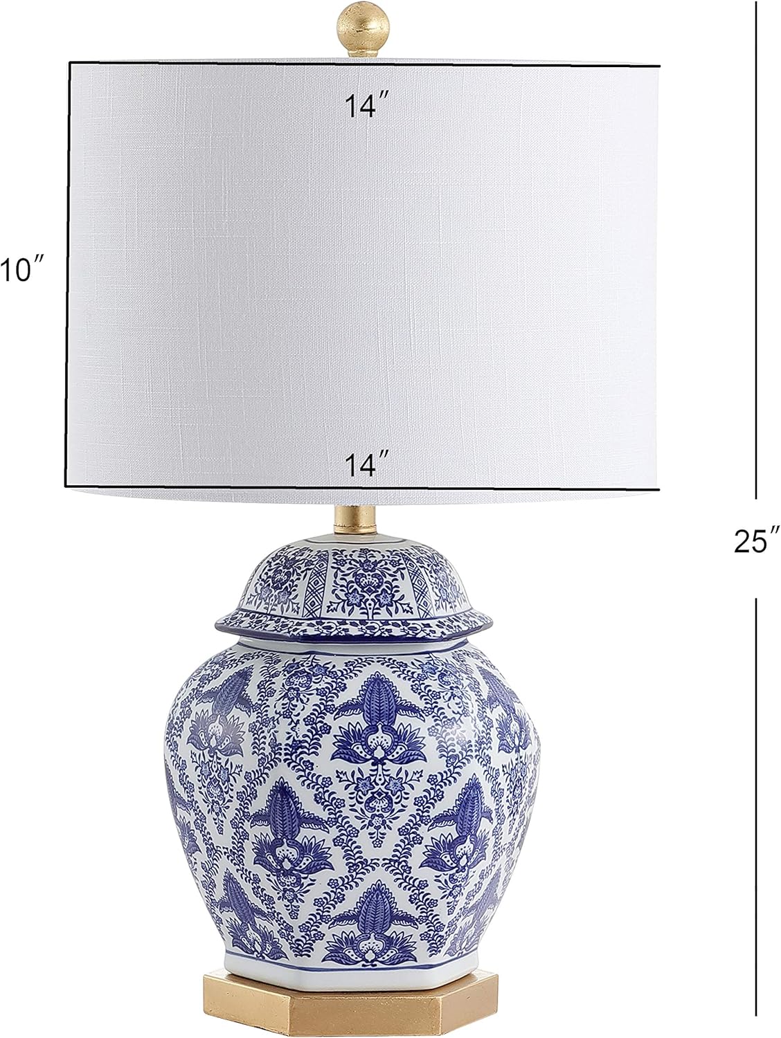 25" Blue/White Classic Traditional Ginger Jar Ceramic LED Table Lamp, Chinoiserie Table Lamp Bedroom, Gold Base