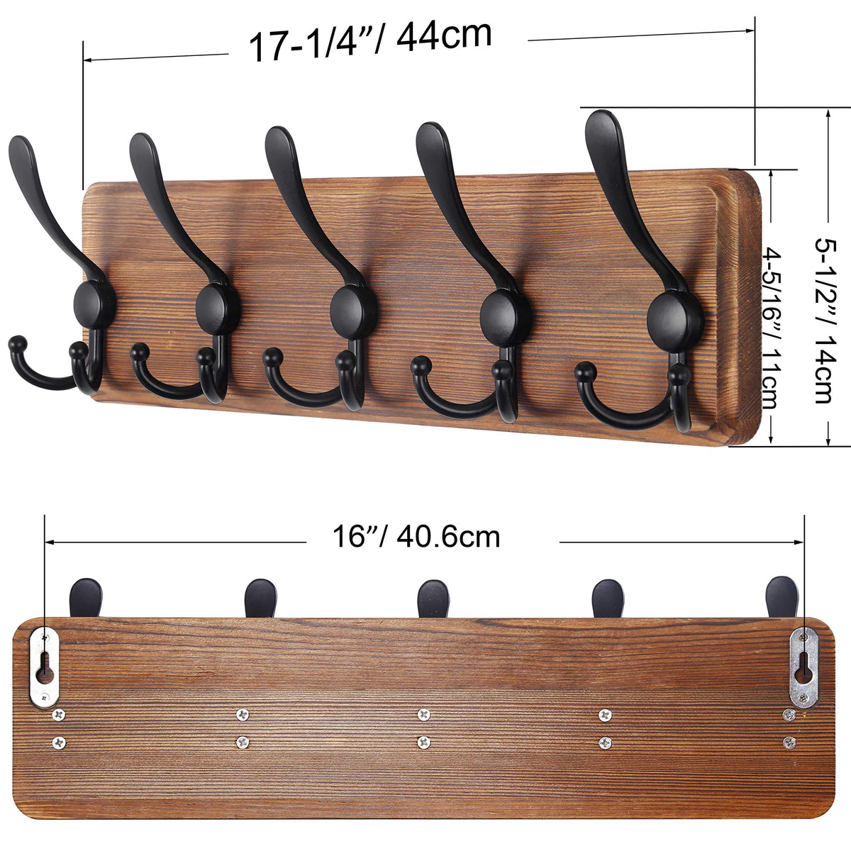 Rustic Coat Rack Wall Mount, 16" Stud Spacing, Solid Wood, Brown