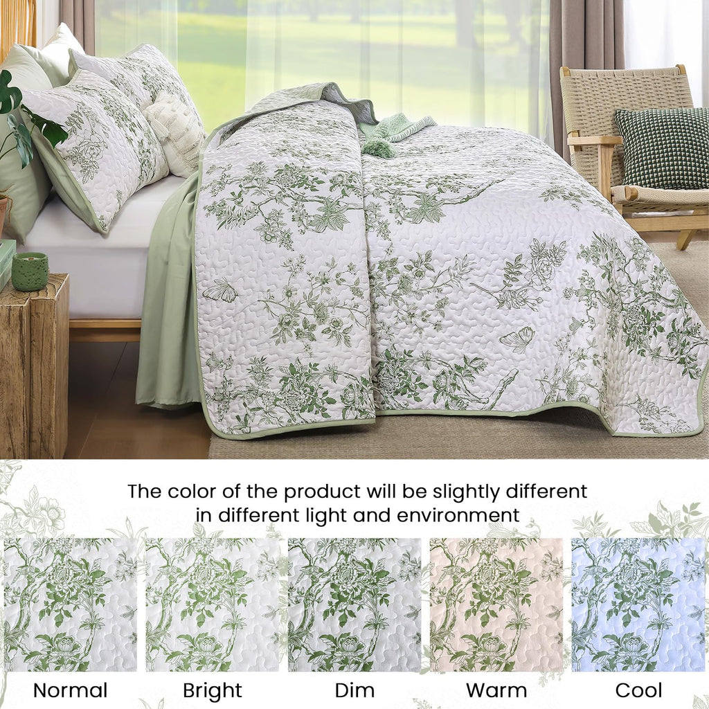 Floral Quilt Set, 3 Pcs Sage Green Bedspreads Coverlets