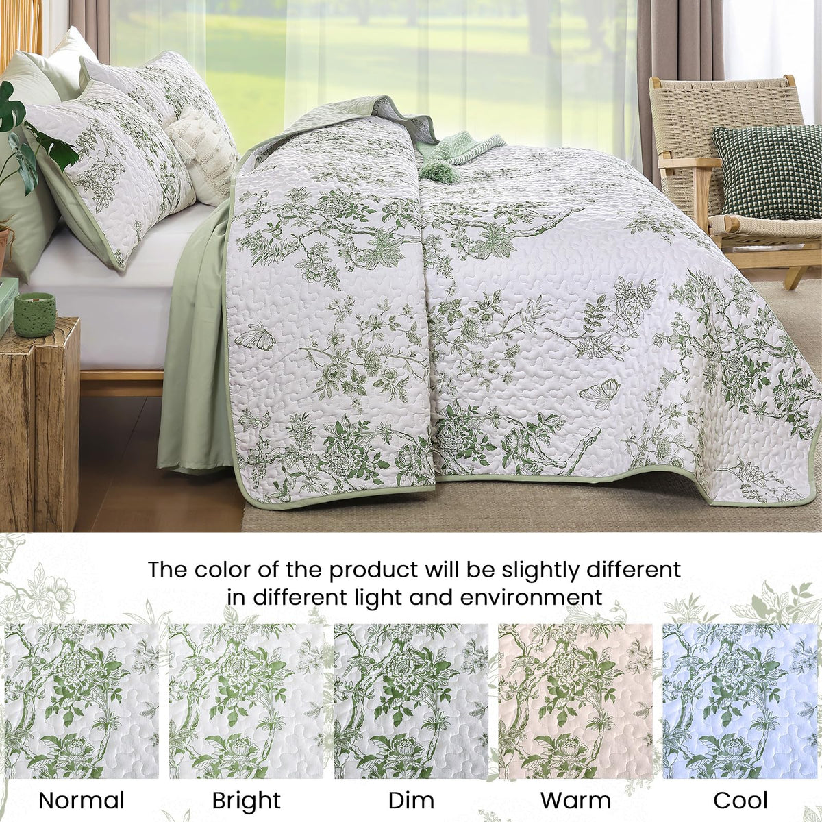 Floral Quilt Set, 3 Pcs Sage Green Bedspreads Coverlets