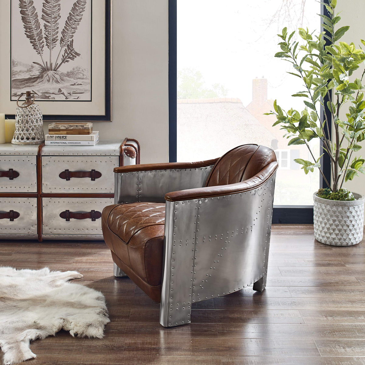 Mid Century Industrial Genuine Leather Accent Club Chair Cognac