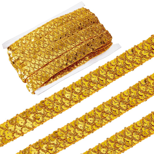 0.78" Gold Sequin Trim Lace Ribbon Braid Sequins Beads Glitter Ribbon Sequin Strips 3 Rows Paillette Roll for - 14Yds