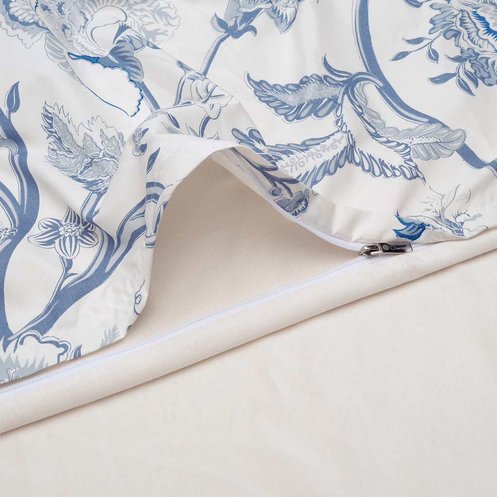 Premium 5-Piece Reversible Soft Brushed Microfiber Velvet Bedding Comforter Duvet Cover Set - Blue Cream Toile Peony