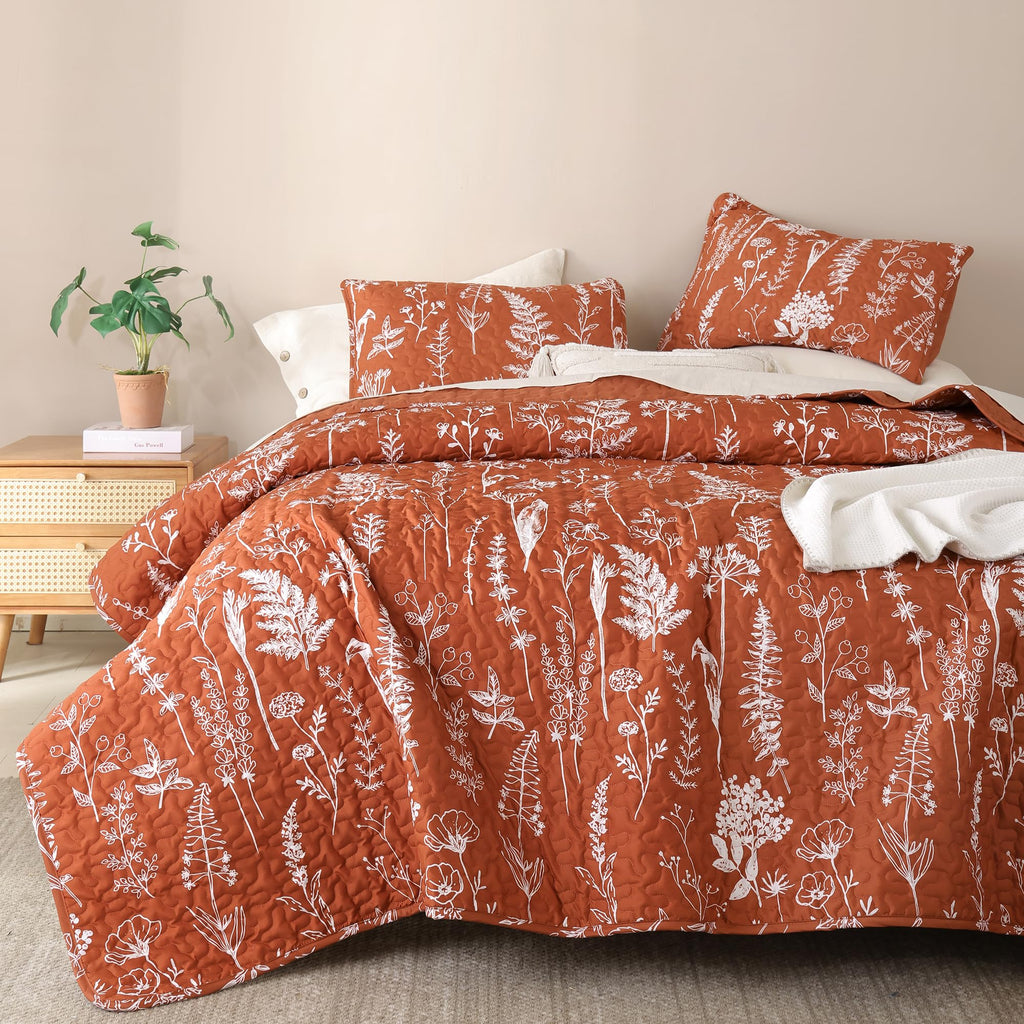 Quilts Floral Bed Spread Terracotta Quilts with Botanical Pattern Burnt Orange Microfiber