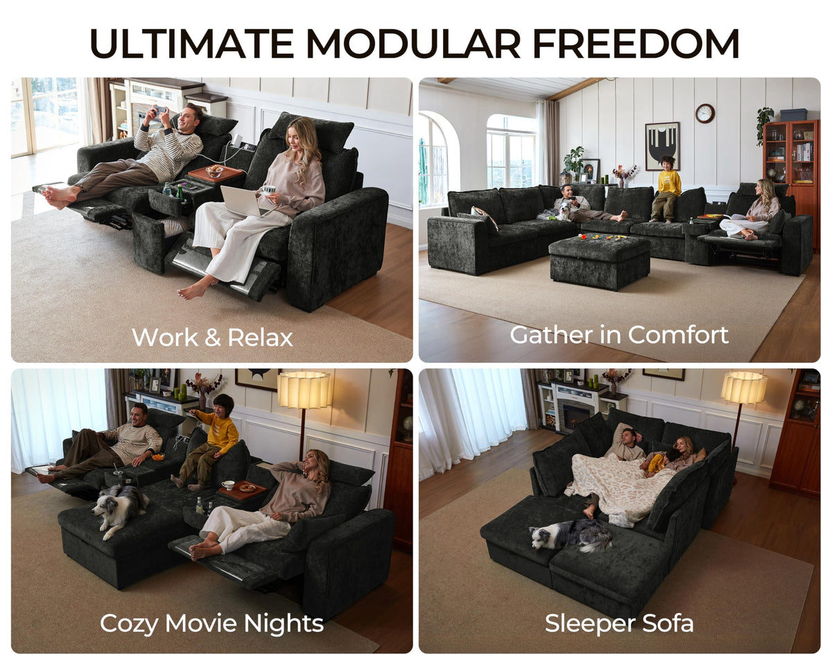 139" Modular Power Recliner Sectional L-shaped Couch with Ottoman, Chenille
