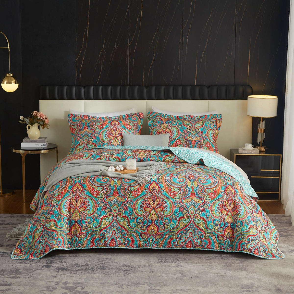 100% Cotton Boho Quilt Set King Size Vibrant Bohemian Paisley Bed Coverlet