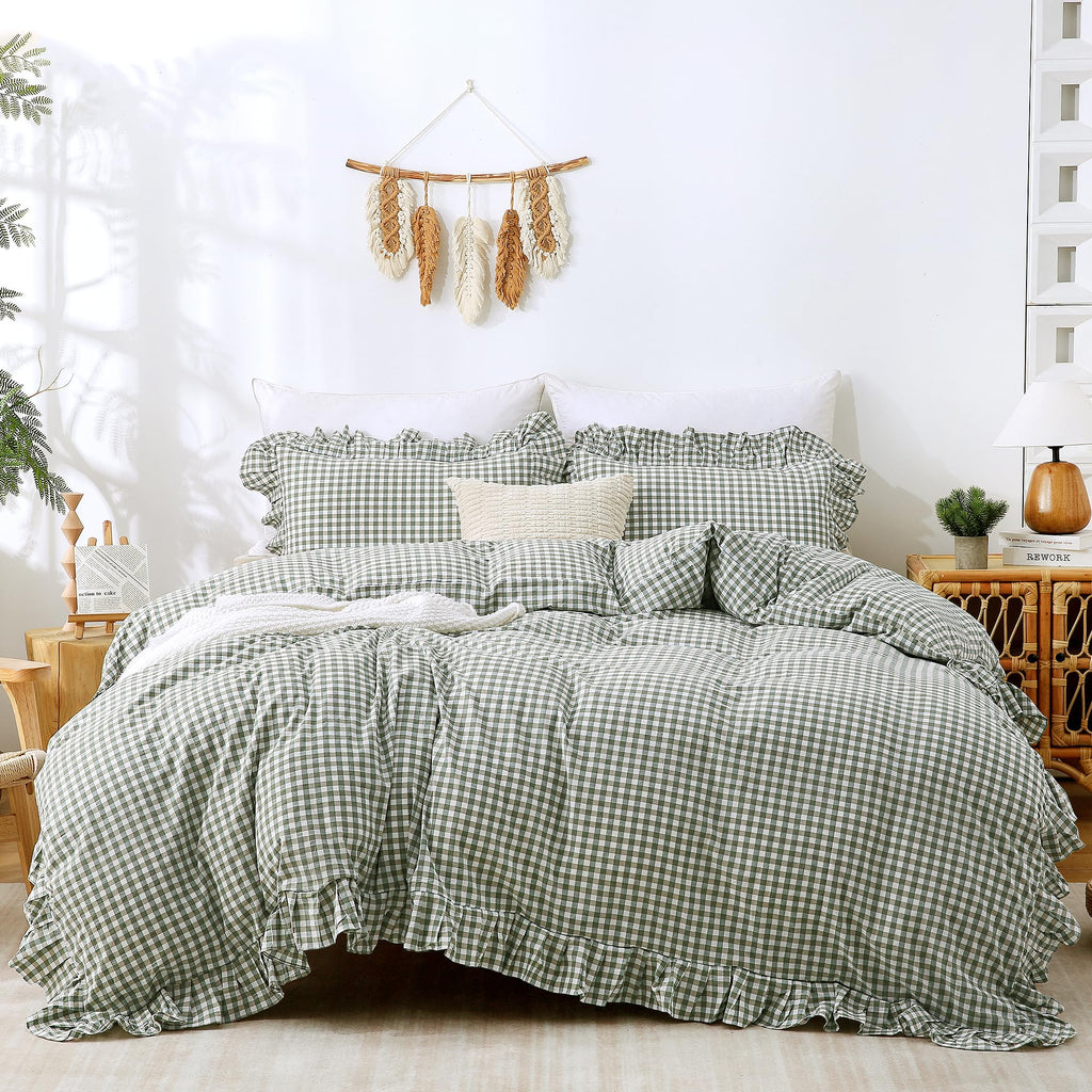 Green Gingham Ruffle Duvet Cover Set Cotton Like Linen