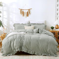 Green Gingham Ruffle Duvet Cover Set Cotton Like Linen