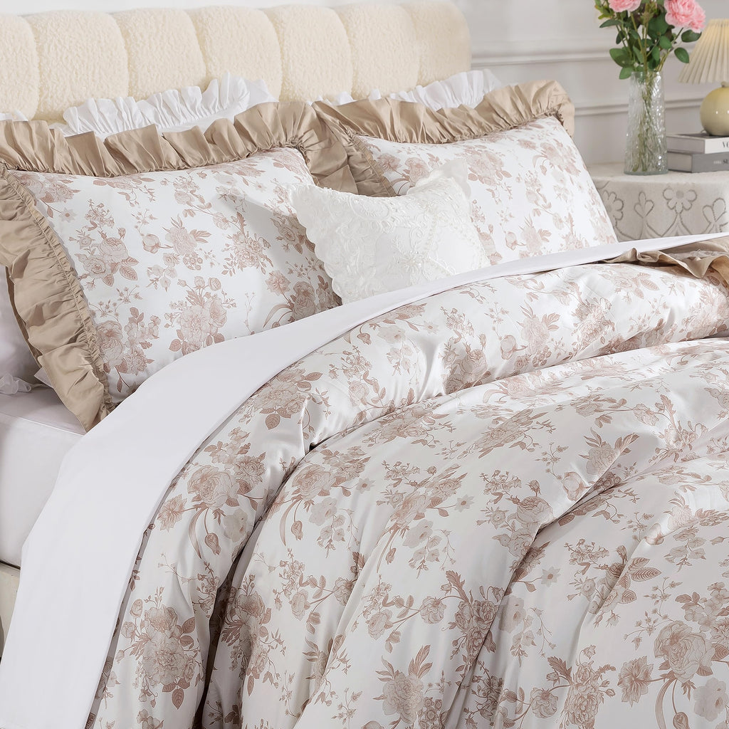 Ruffled Duvet Cover Set, 100% Cotton Brown Floral Bedding