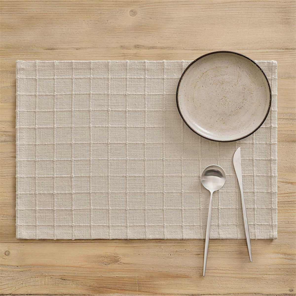 Artisanal Grid Decorative Linen Placemats Set of 4, Neutral Beige