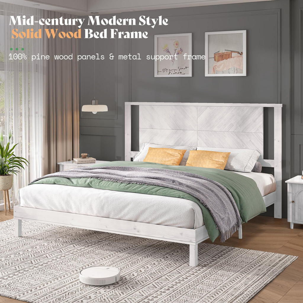 Modern Solid Wood Bed Frame with Headboard, Rustic White