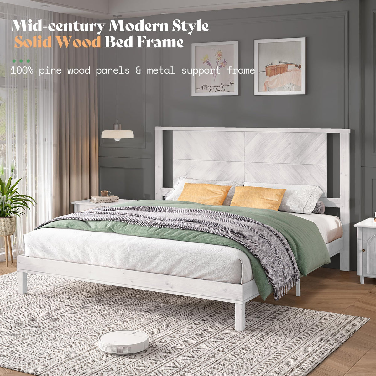 Modern Solid Wood Bed Frame with Headboard, Rustic White