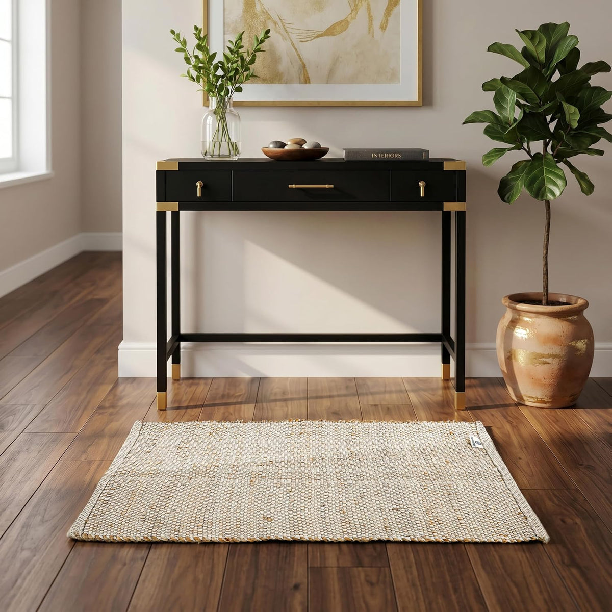Jute Cotton Door Mat Rectangle Hand Woven Natural Farmhouse Rugs, High Traffic Area - Rustic Vintage Bohemian