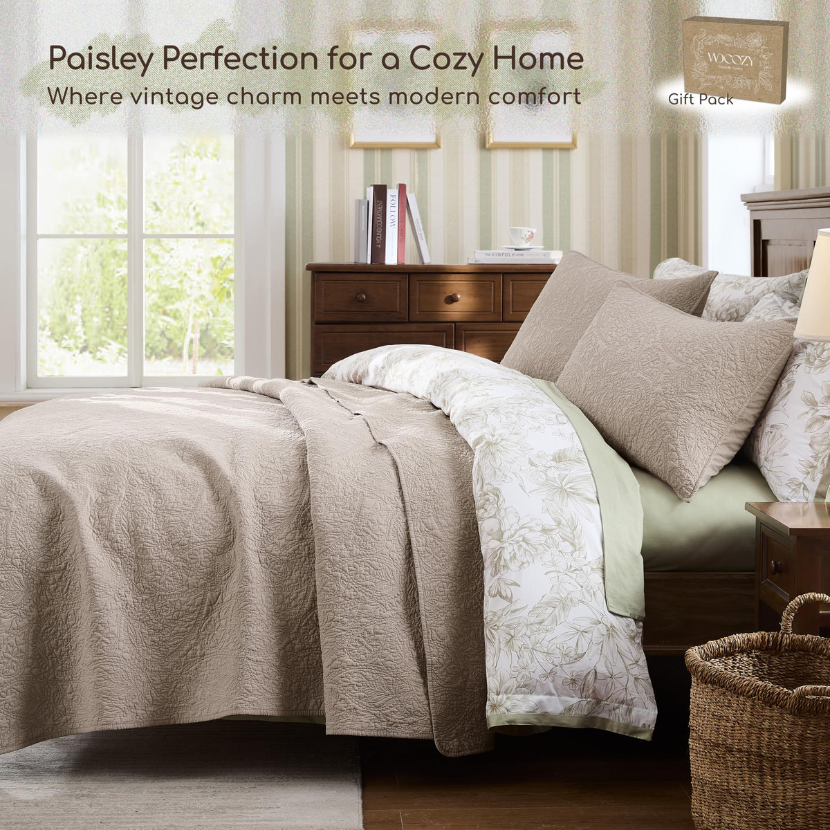 Queen 100% Cotton Paisley Quilt Bedding Set Beige Comforter
