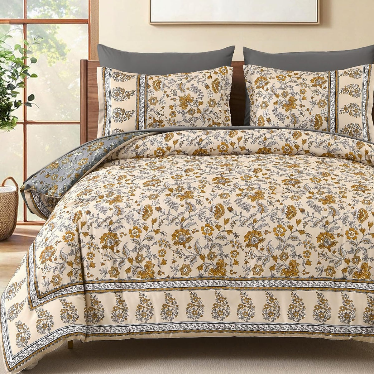Beige and Brown Paisley Comforter Set, 7-Piece Boho Bed in a Bag