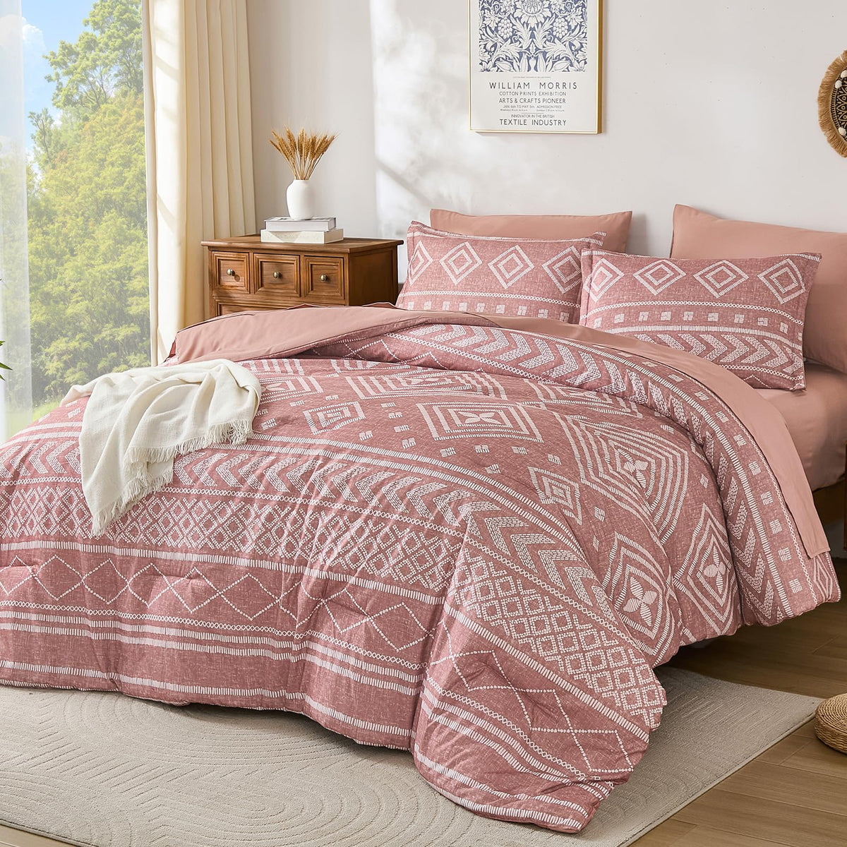 Boho Comforter Set King Size, 7 Pieces Aztec Blush Bed in a Bag