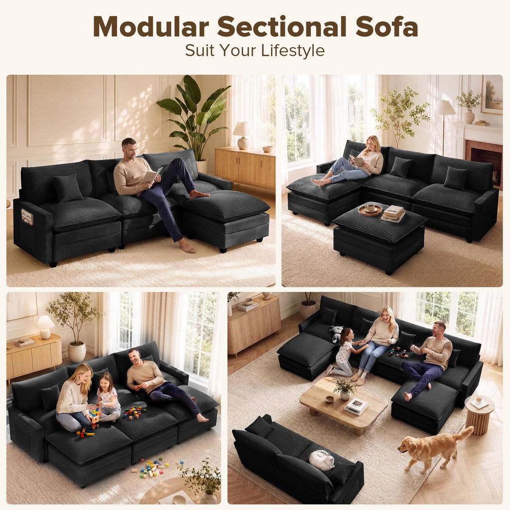 Oversized Cloud Couch Sectional, Deep Seat Modular Sofa with Ottoman, Black