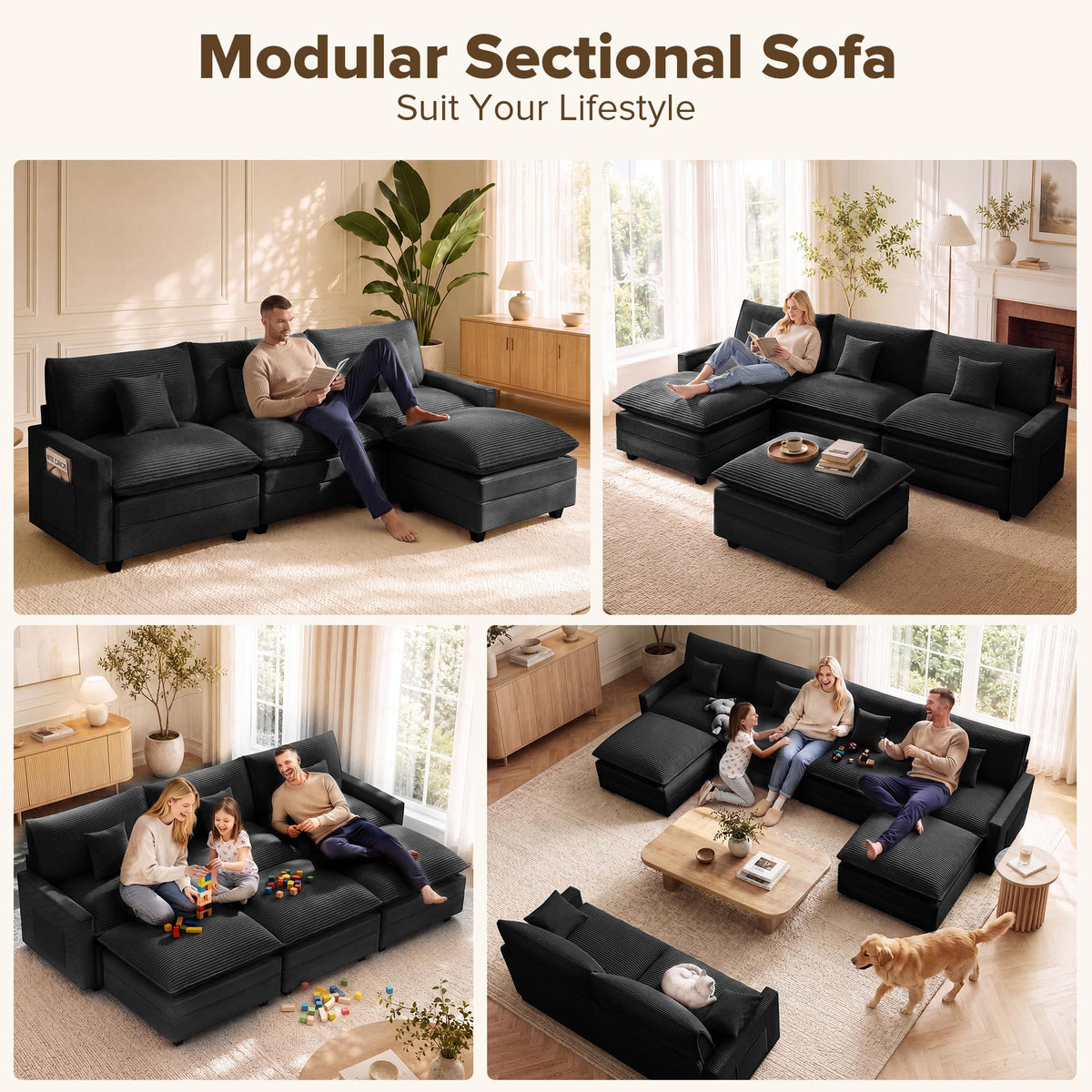 Oversized Cloud Couch Sectional, Deep Seat Modular Sofa with Ottoman, Black