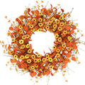 Fall Wreath 24'' Autumn Harvest Daisy Wreath with Orange Eucalyptus Foam Leaves Grain Daisies Berries for Outside