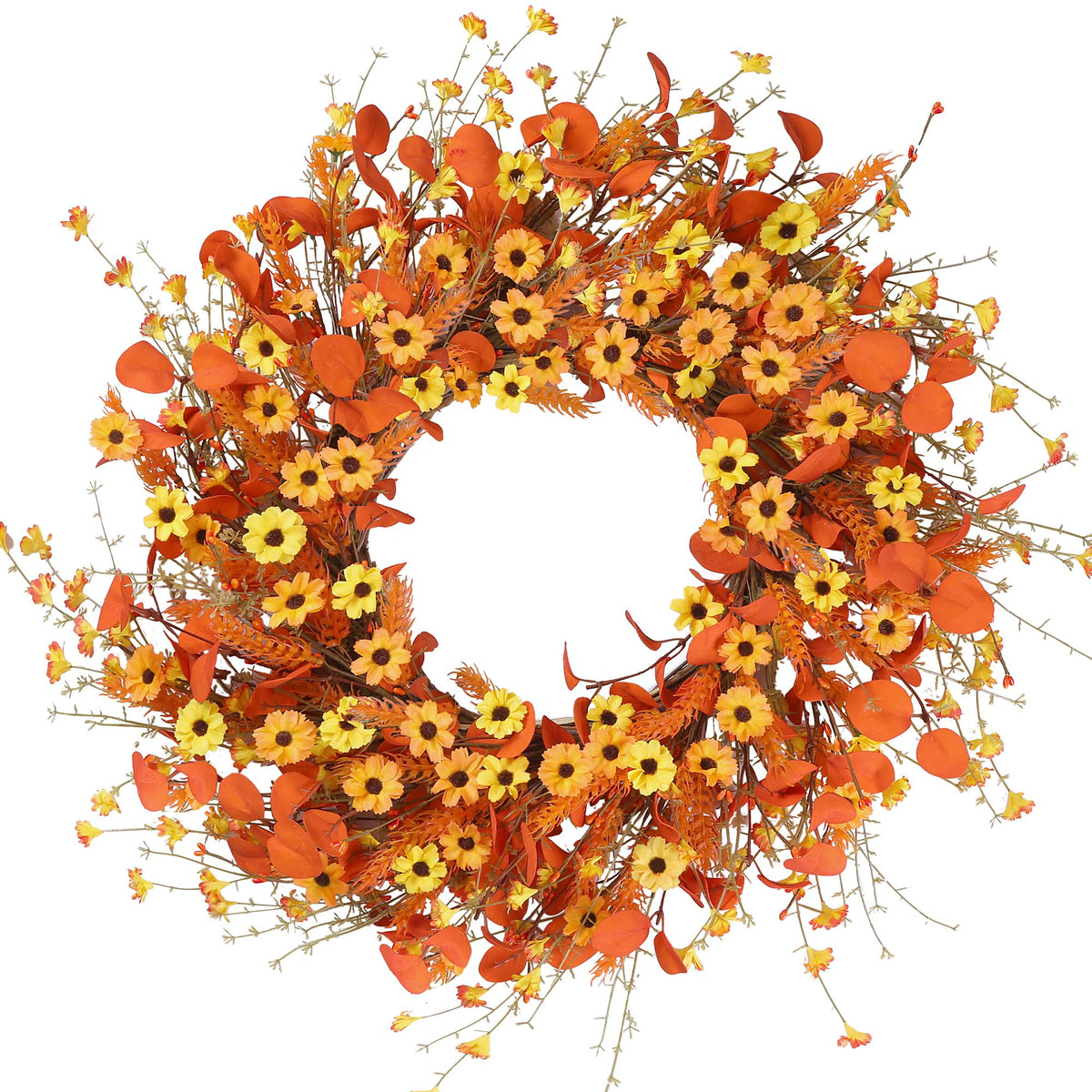 Fall Wreath 24'' Autumn Harvest Daisy Wreath with Orange Eucalyptus Foam Leaves Grain Daisies Berries for Outside
