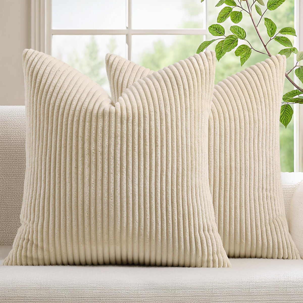 Corduroy Fall Decorative Throw Pillow Covers 20x20 Set of 2 Beige