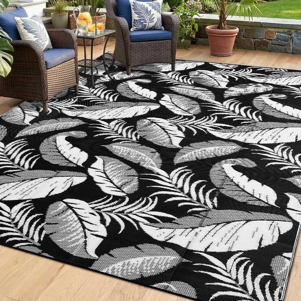 Reversible Outdoor Rug, Waterproof Outdoor Plastic Straw Rug, Tropical Leaf RV Camping Rugs for Outside, Deck