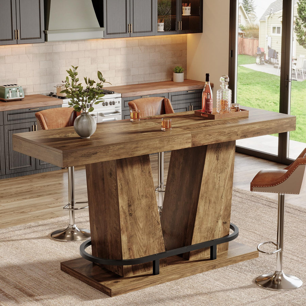 62.99" Industrial Bar Table for 4-6, Rectangle Counter Height Pub Table with Metal Footrest, Home Bar Units for Pub