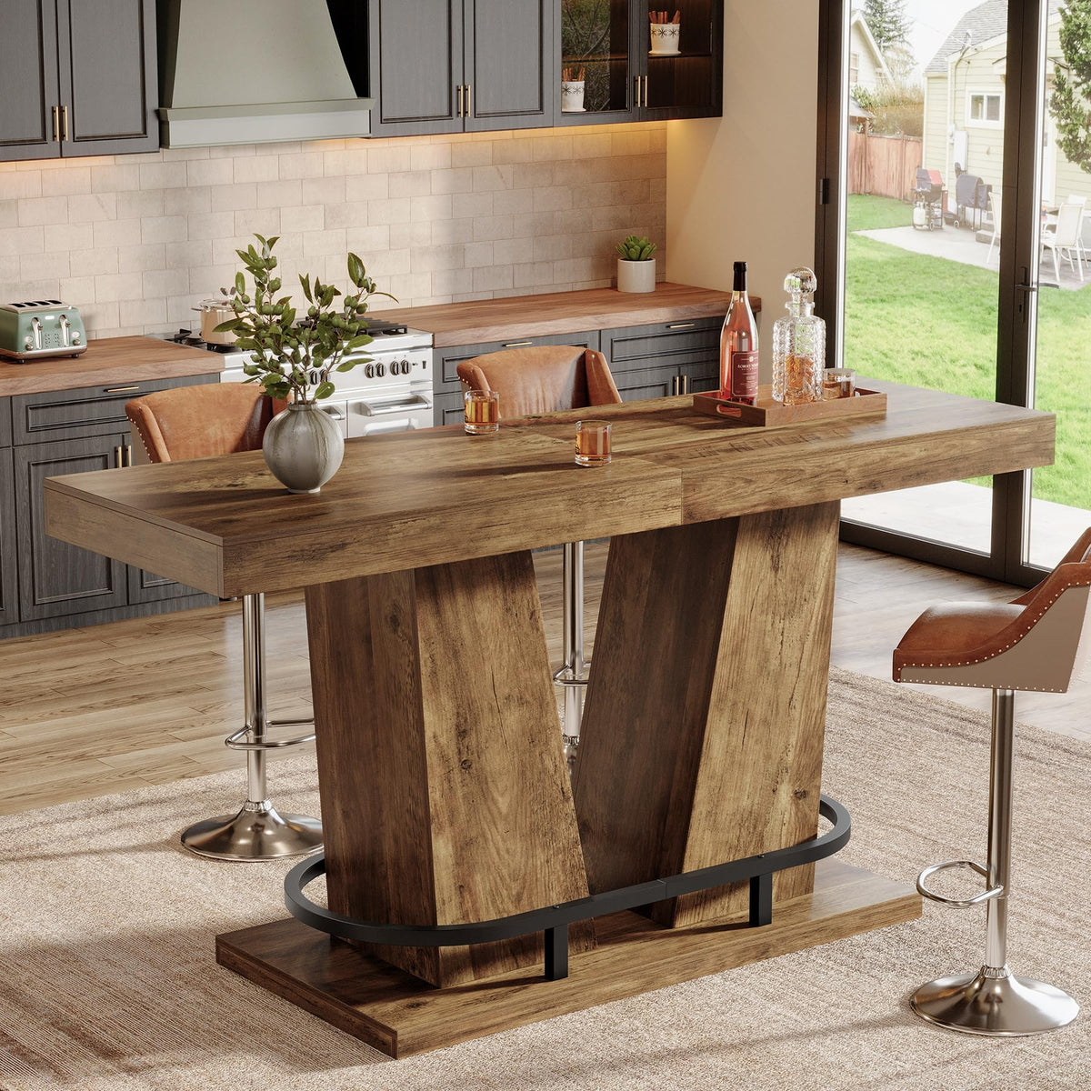 62.99" Industrial Bar Table for 4-6, Rectangle Counter Height Pub Table with Metal Footrest, Home Bar Units for Pub