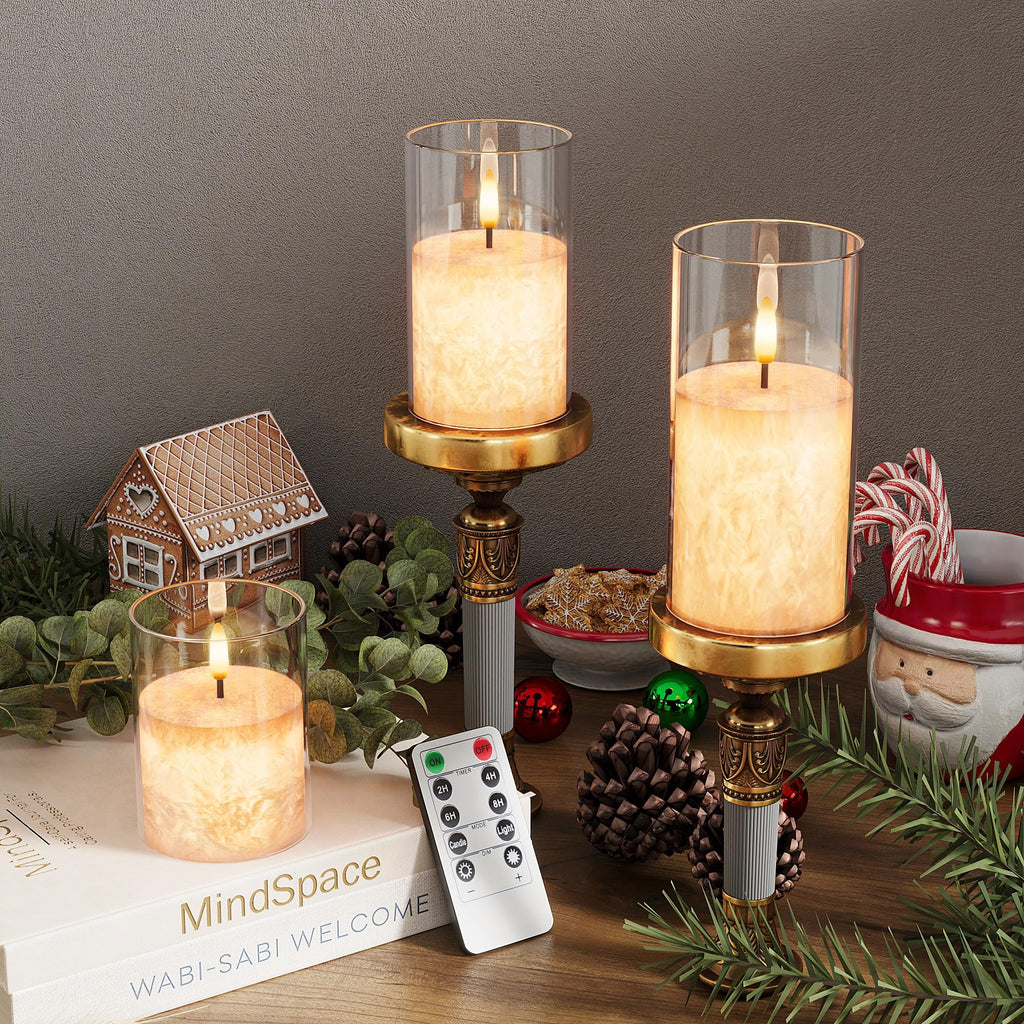 Ice Crystal Real Wax Glass Flameless Candles with Remote & Timer, Battery Operated Candles with Warm Flickering