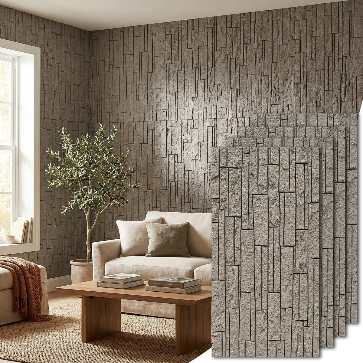 3D Stacked Ledger Stone PU Wall Panels, 23.6"x47.2" Speckled Grey