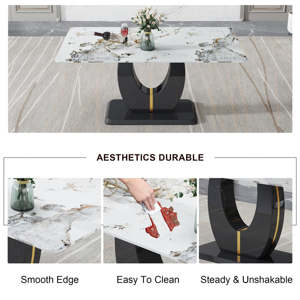 Inspired Saarinen Style 71-Inch White Faux Marble Dining Table with Black Pedestal Base