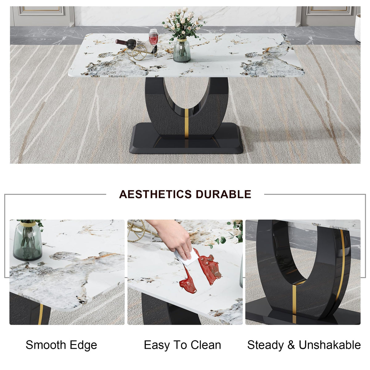 Inspired Saarinen Style 71-Inch White Faux Marble Dining Table with Black Pedestal Base